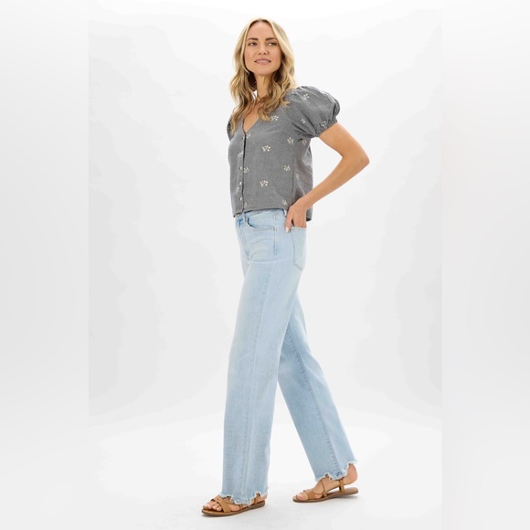 New judy blue high waist destroy hem straight leg jeans light wash JB82445REG LT - Picture 3 of 16